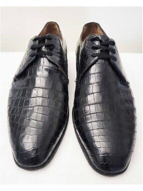 Vintage 50s Men's Black Croc Crocodile Leather Derby Lace-up Dress Shoes 39.5